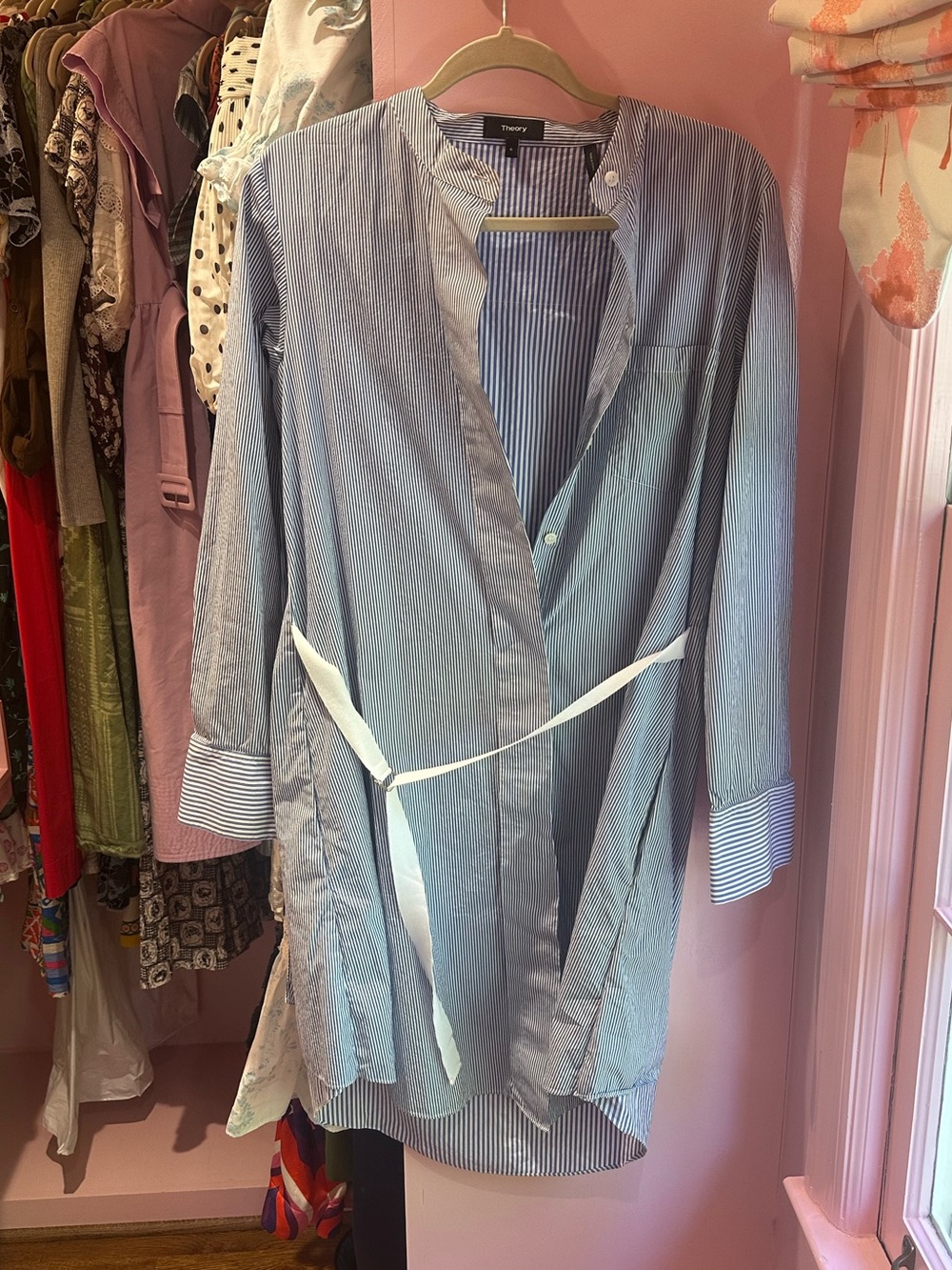 Theory Blue and White Pinstripe Long Sleep Robe with Tie